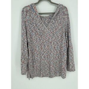 J.Jill Petite L Hooded V Neck Marled Knit Sweater Cottagecore Boho Layering Warm